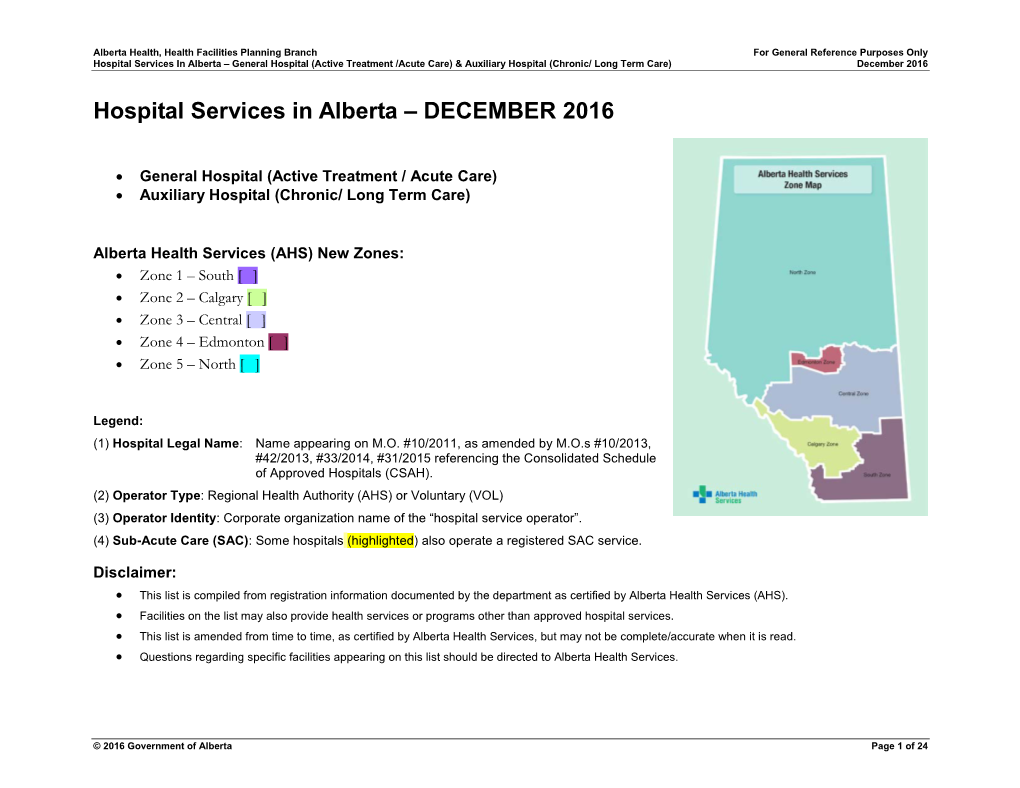 Hospital Services in Alberta – General Hospital (Active Treatment /Acute Care) & Auxiliary Hospital (Chronic/ Long Term Care) December 2016