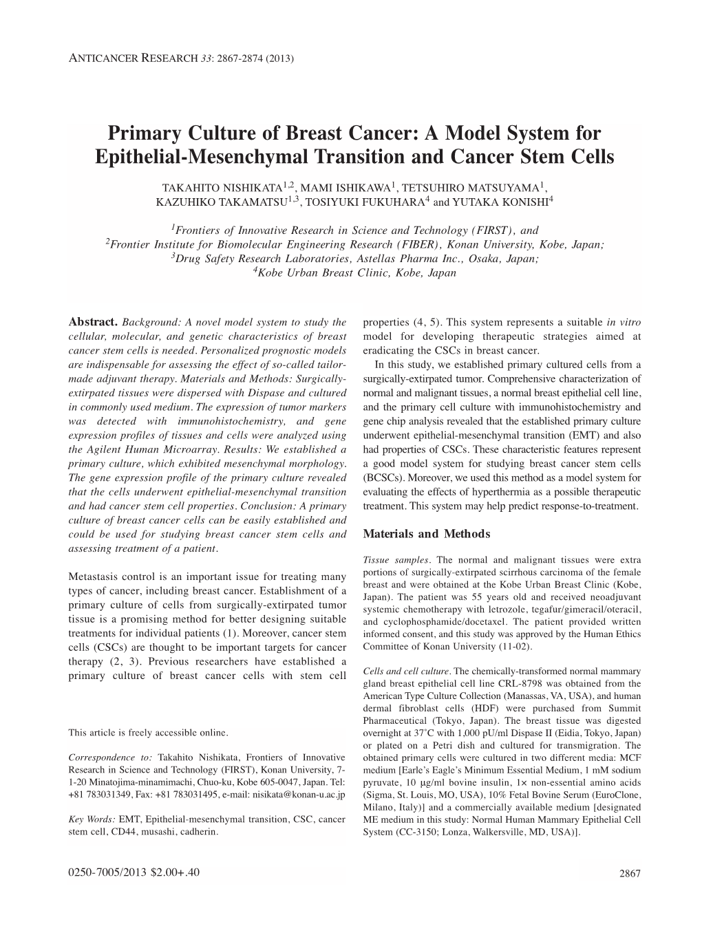 Primary Culture of Breast Cancer: a Model System for Epithelial-Mesenchymal Transition and Cancer Stem Cells