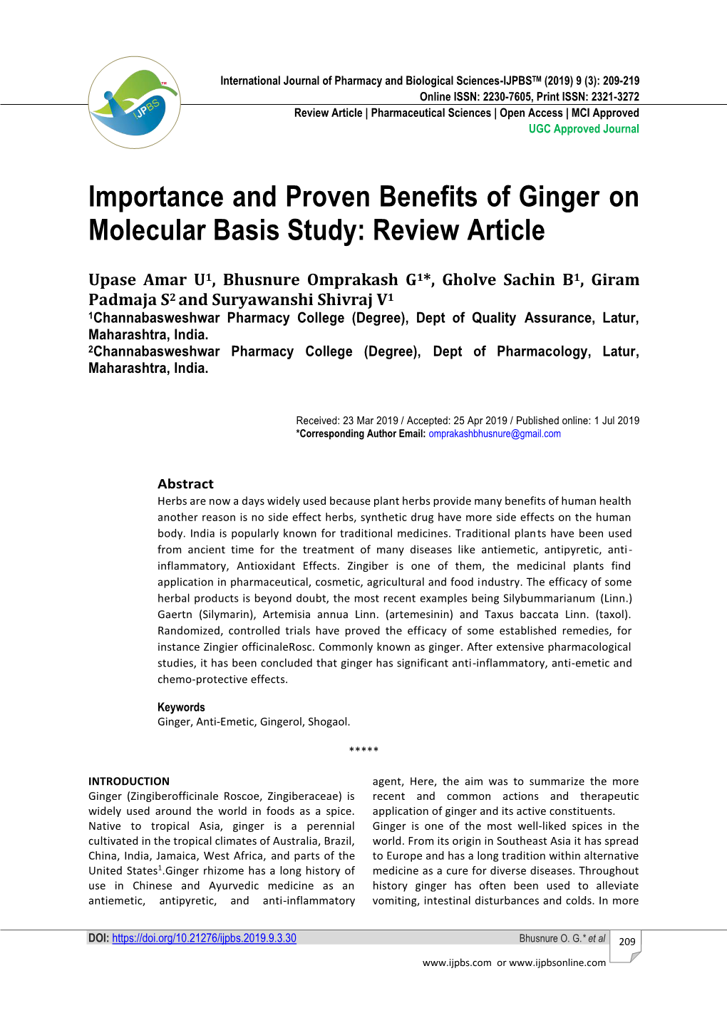 Importance and Proven Benefits of Ginger on Molecular Basis Study: Review Article