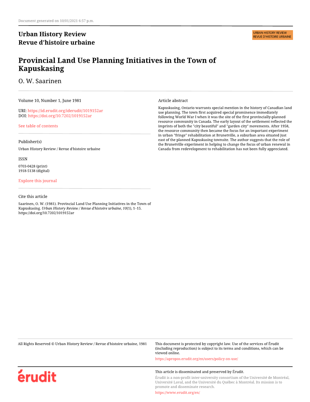 Provincial Land Use Planning Initiatives in the Town of Kapuskasing O