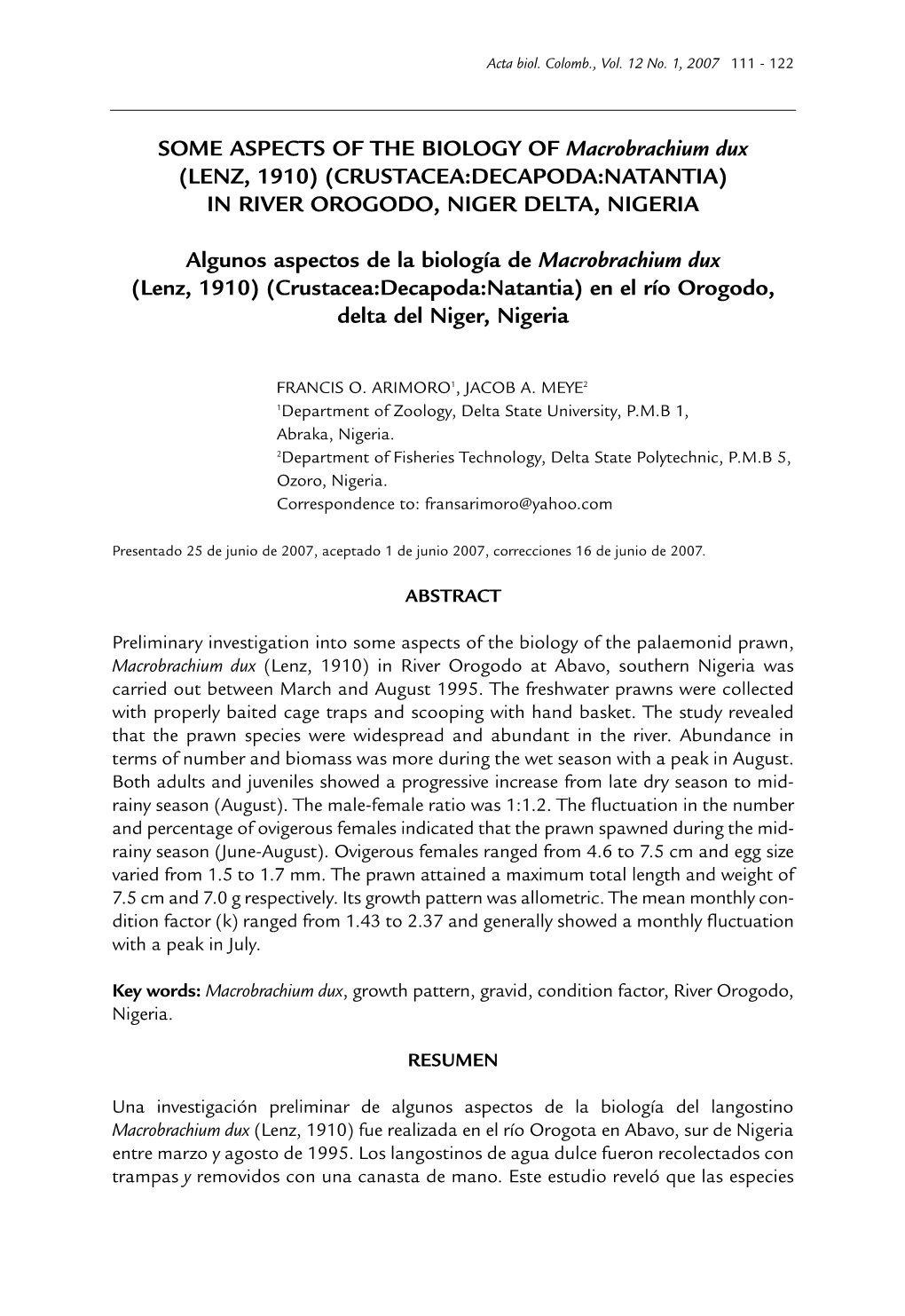 SOME ASPECTS of the BIOLOGY of Macrobrachium Dux (LENZ, 1910) (CRUSTACEA:DECAPODA:NATANTIA) in RIVER OROGODO, NIGER DELTA, NIGERIA