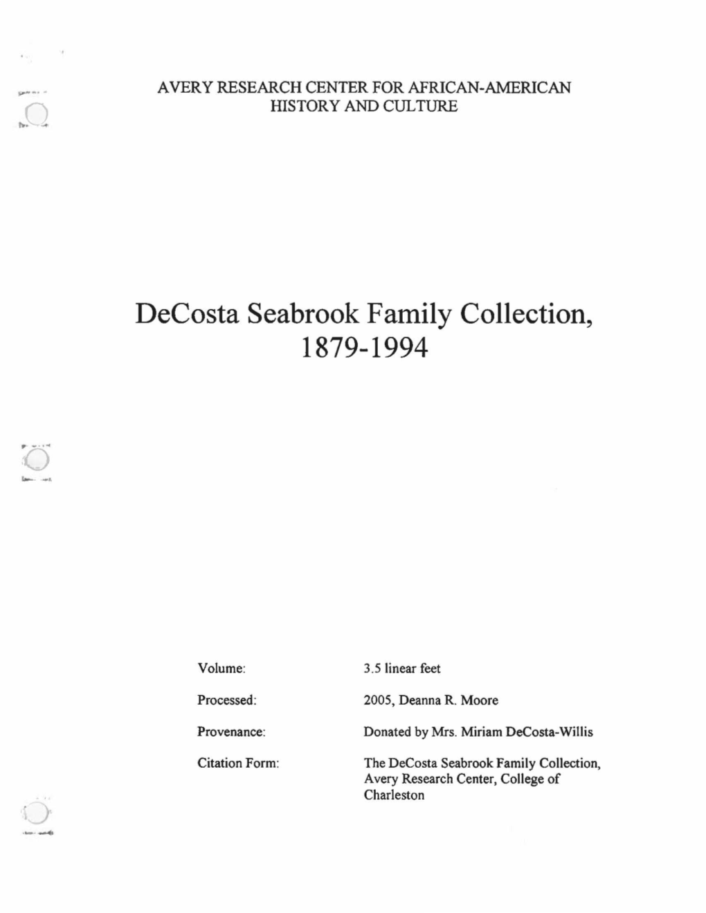 Decosta Seabrook Family Collection, 1879-1994