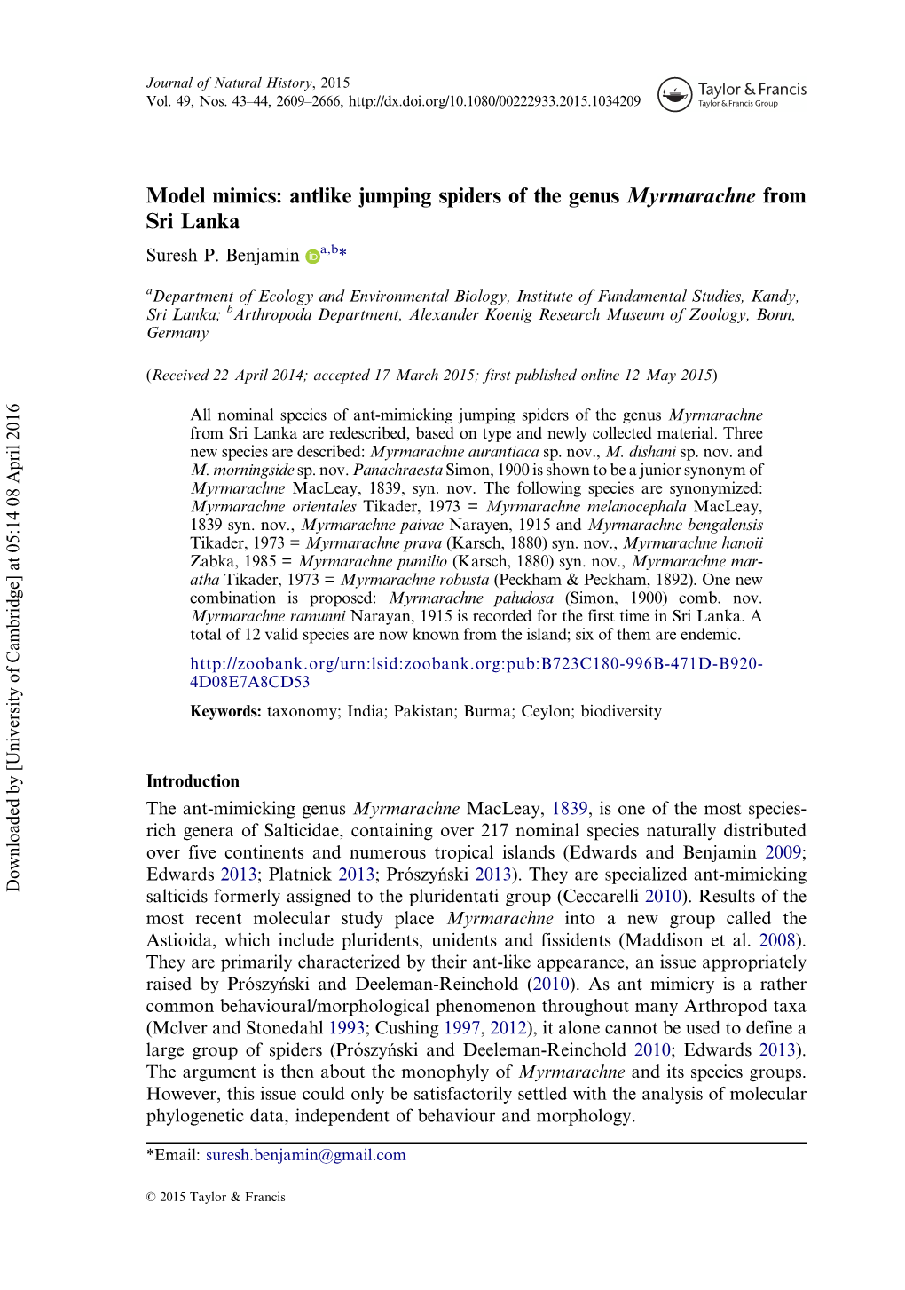 Model Mimics: Antlike Jumping Spiders of the Genus Myrmarachne from Sri Lanka Suresh P