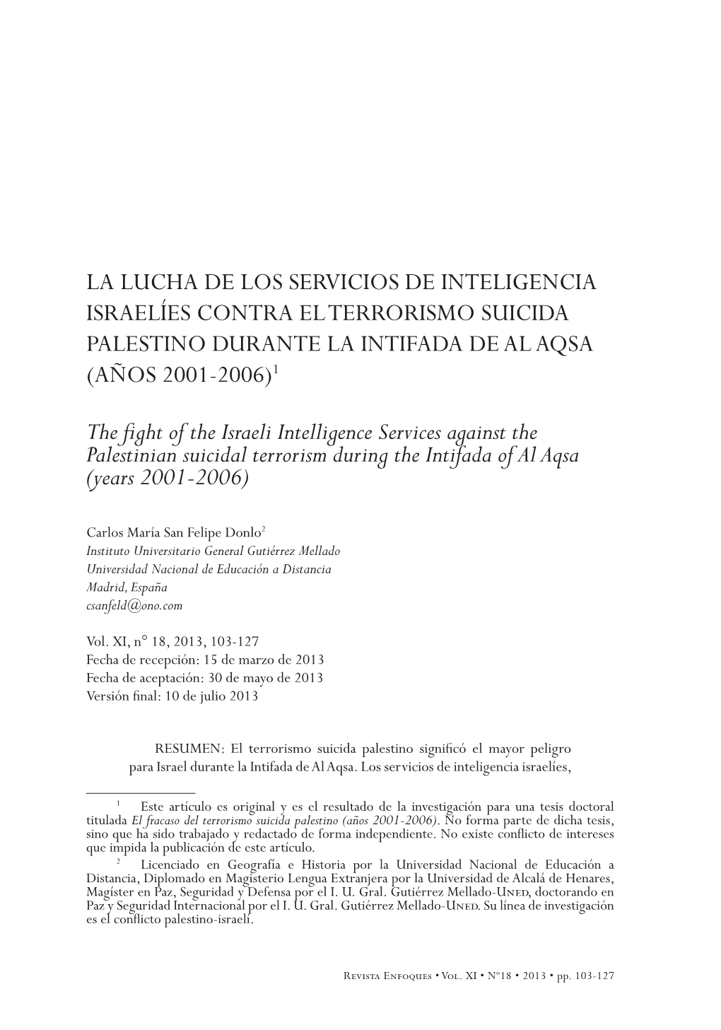 La Lucha De Los Servicios De Inteligencia Israelíes Contra El Terrorismo Suicida Palestino Durante La Intifada De Al Aqsa (Años 2001-2006)1