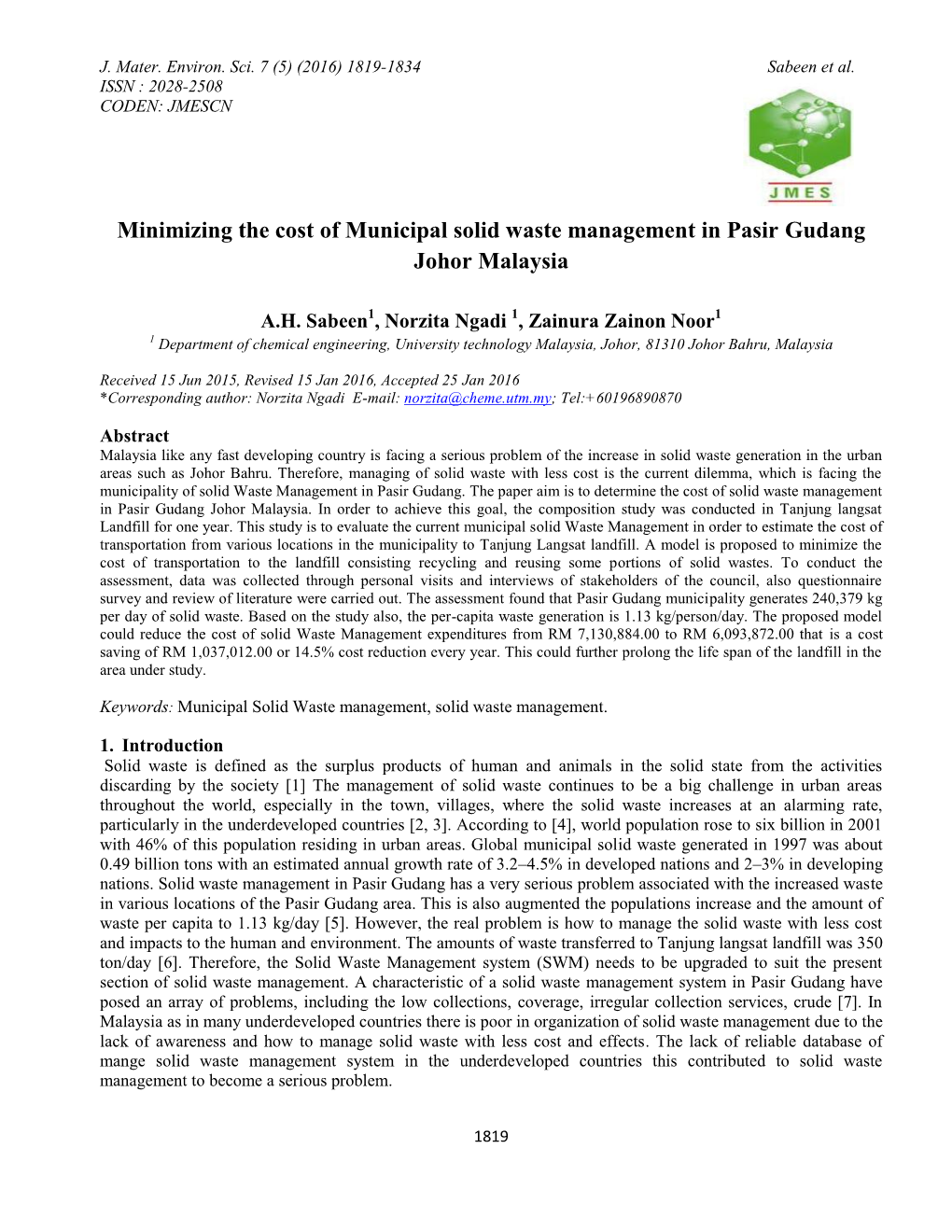 Minimizing the Cost of Municipal Solid Waste Management in Pasir Gudang Johor Malaysia