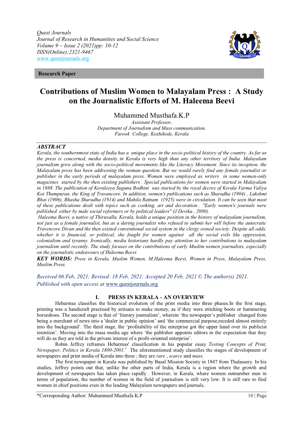 Contributions of Muslim Women to Malayalam Press : a Study on the Journalistic Efforts of M