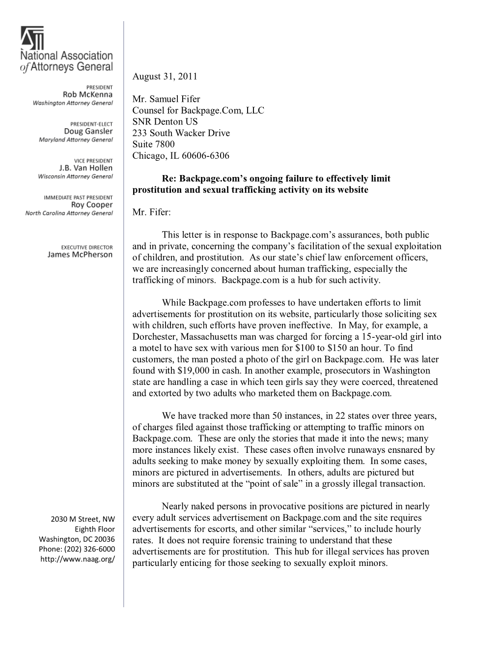 NAAG Letter to Backpage.Com Regarding Human Trafficking