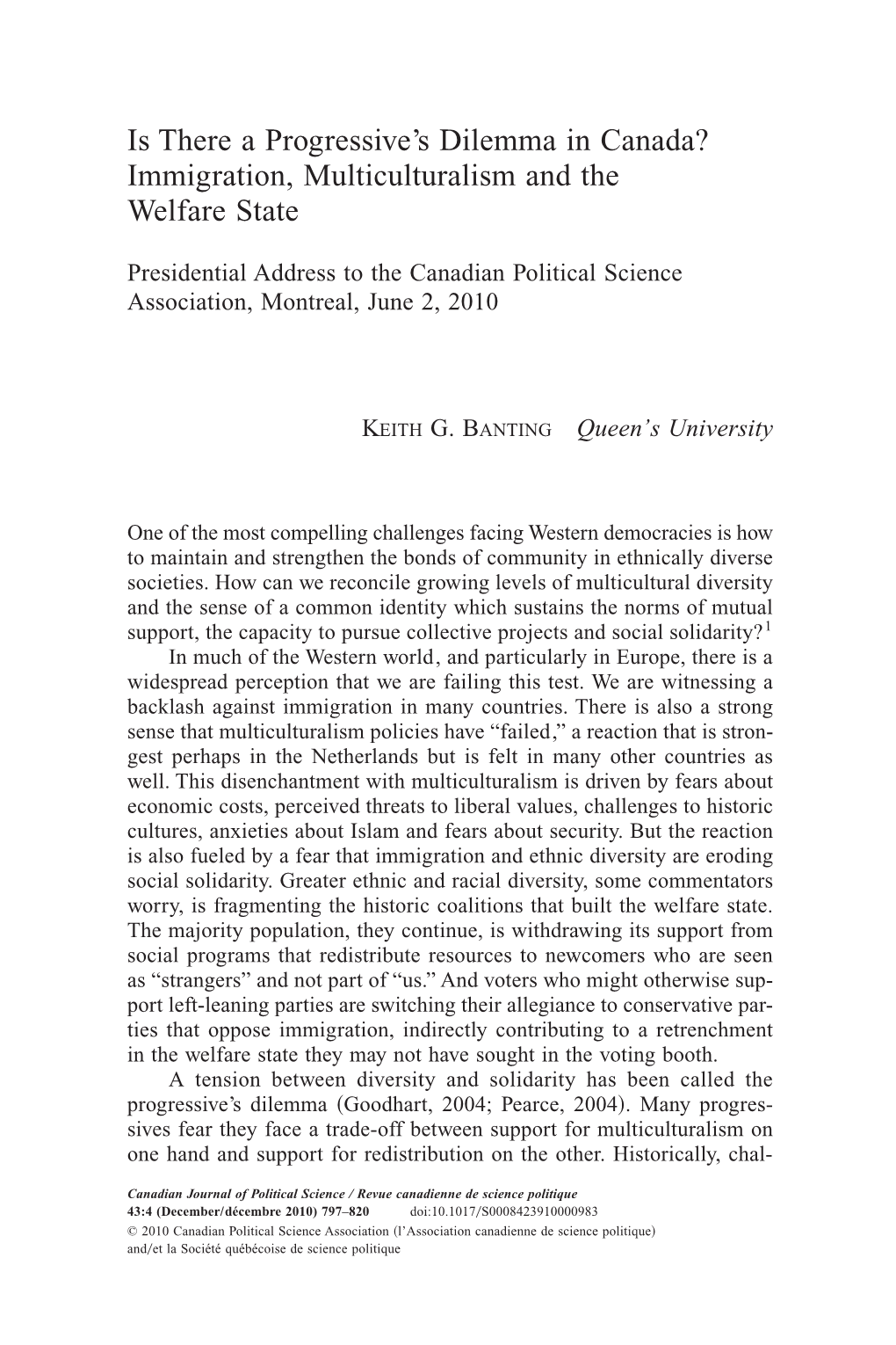 Is There a Progressive's Dilemma in Canada? Immigration, Multiculturalism and the Welfare State