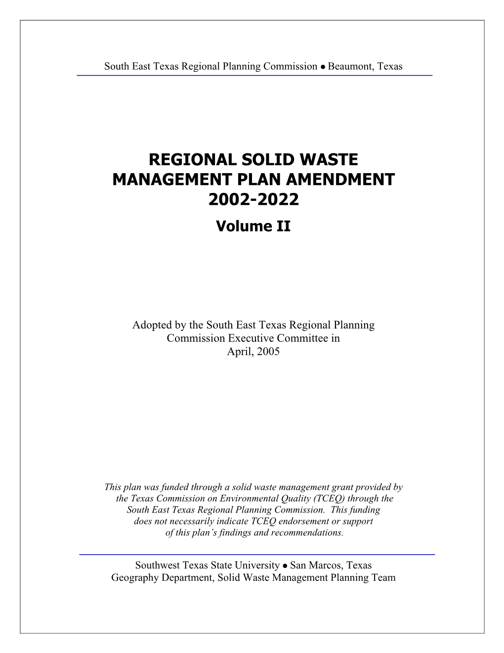 Regional Solid Waste Management Plan Amendment 2002-2022