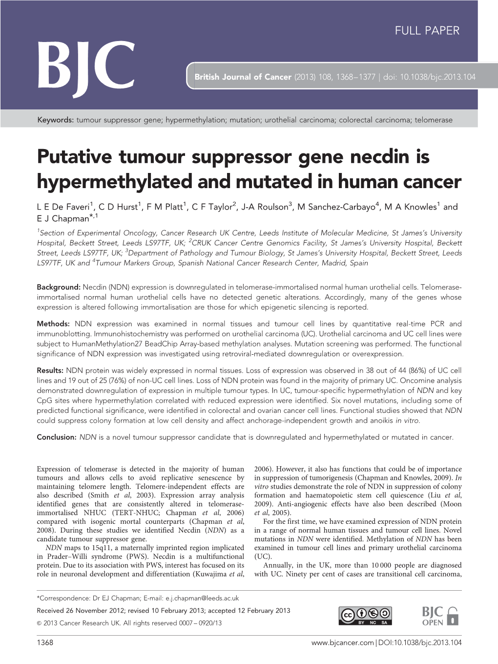 Putative Tumour Suppressor Gene Necdin Is Hypermethylated and Mutated in Human Cancer