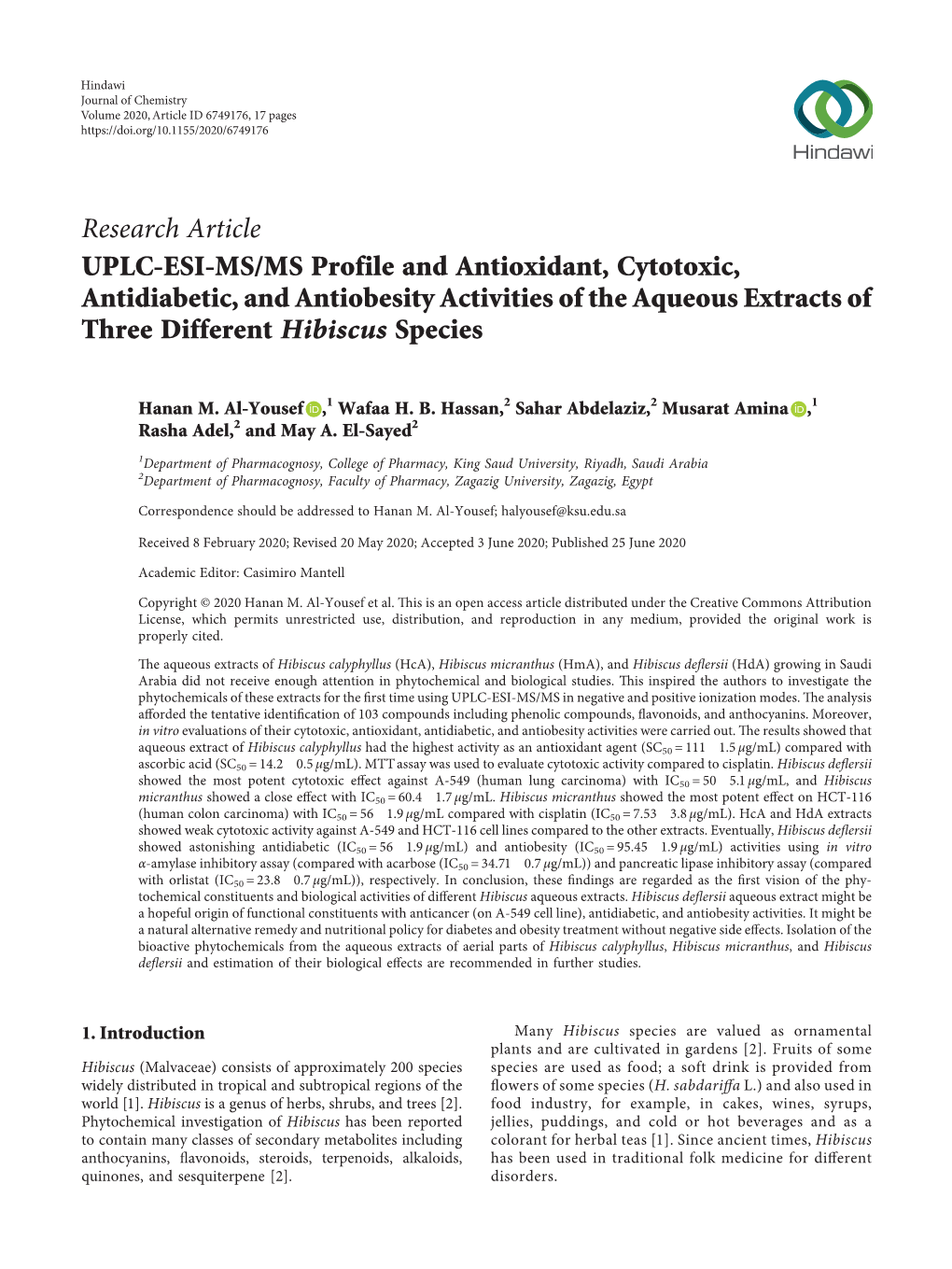 UPLC-ESI-MS/MS Profile and Antioxidant, Cytotoxic, Antidiabetic, and Antiobesity Activities of the Aqueous Extracts of Three Different Hibiscus Species