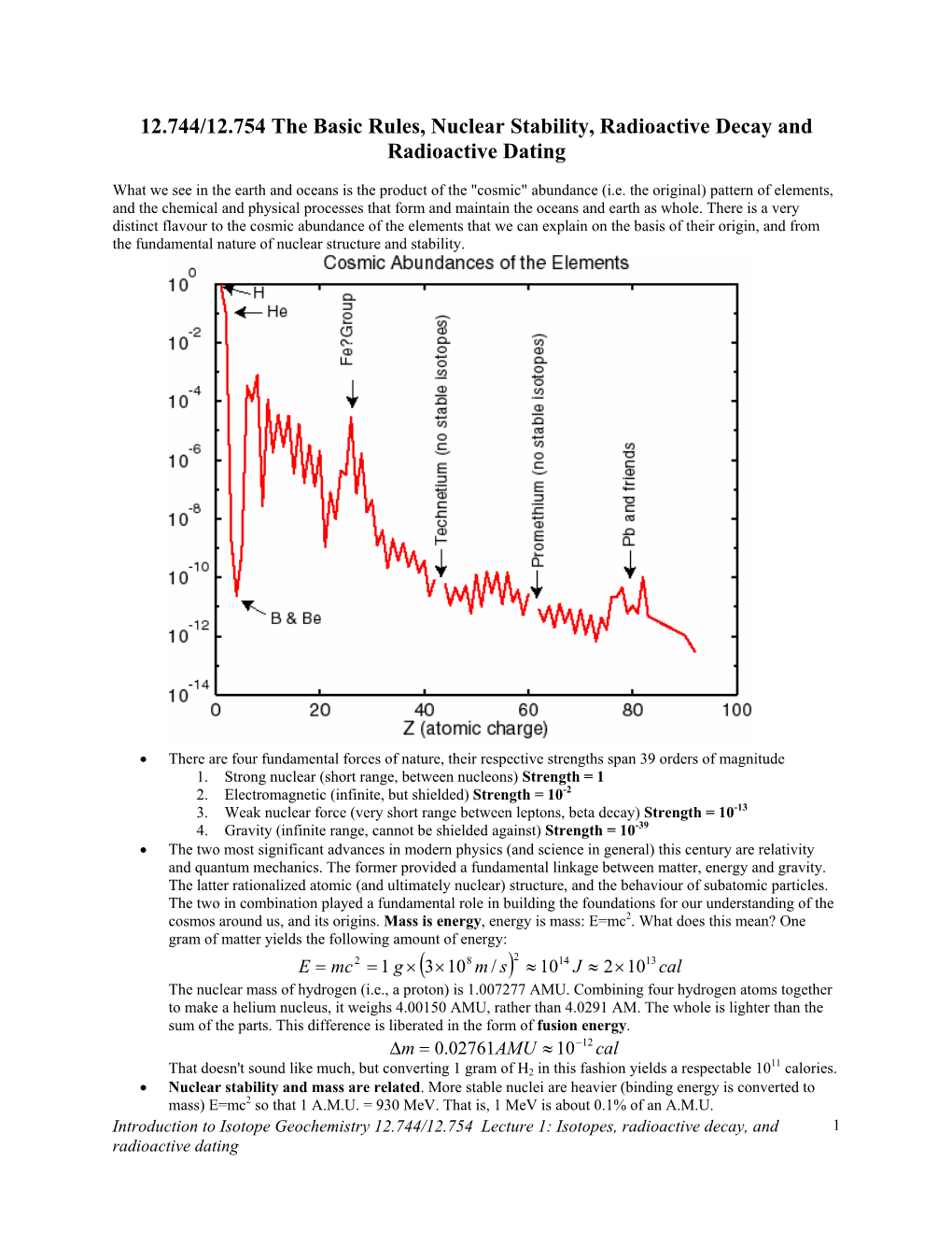 12.744/12.754 the Basic Rules, Nuclear Stability, Radioactive Decay and Radioactive Dating