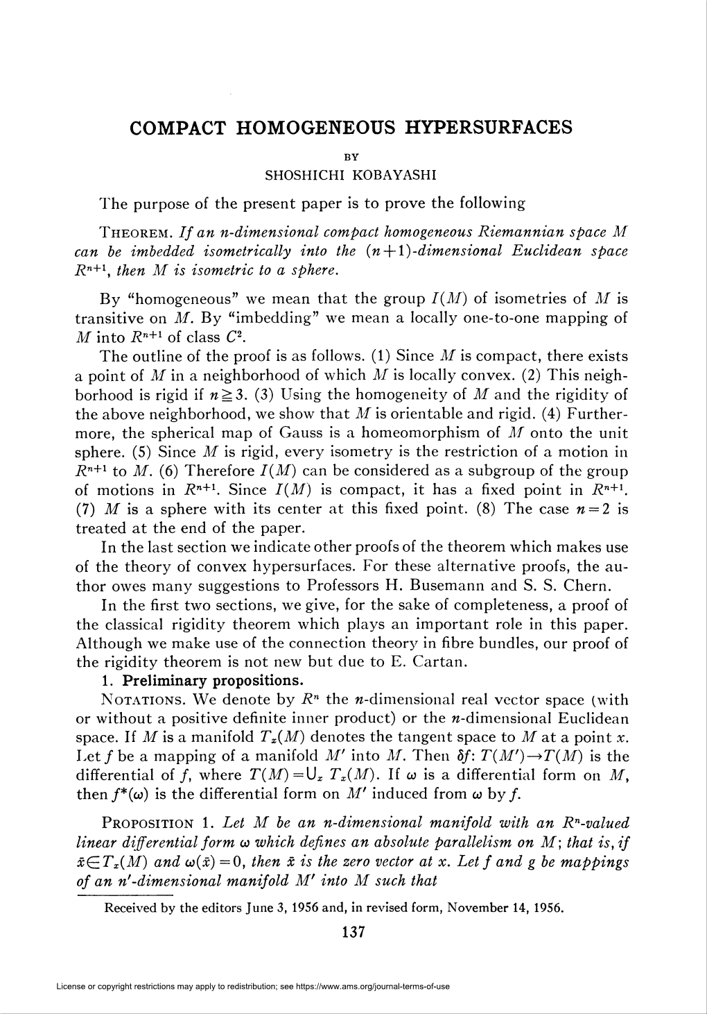 Compact Homogeneous Hypersurfaces