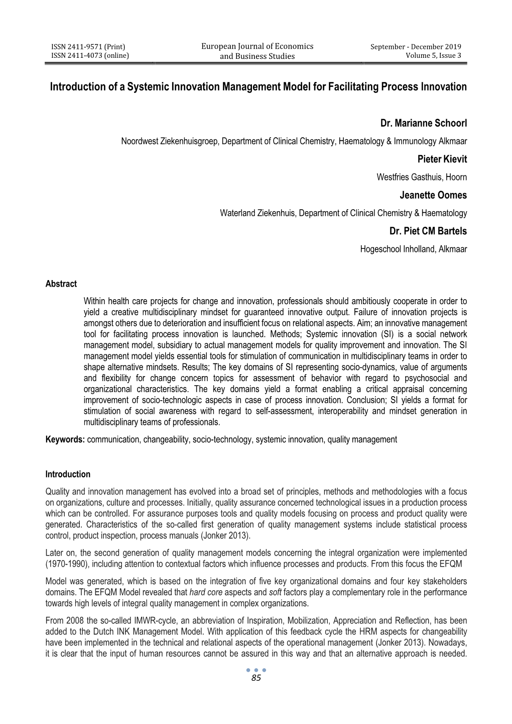 Introduction of a Systemic Innovation Management Model for Facilitating Process Innovation