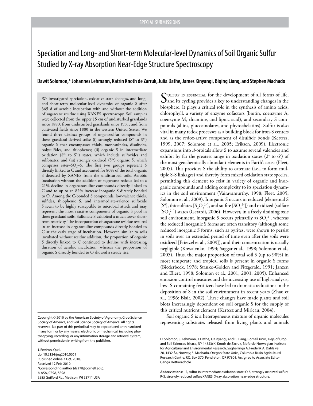 Speciation and Long- and Short-Term Molecular-Level Dynamics of Soil Organic Sulfur Studied by X-Ray Absorption Near-Edge Structure Spectroscopy