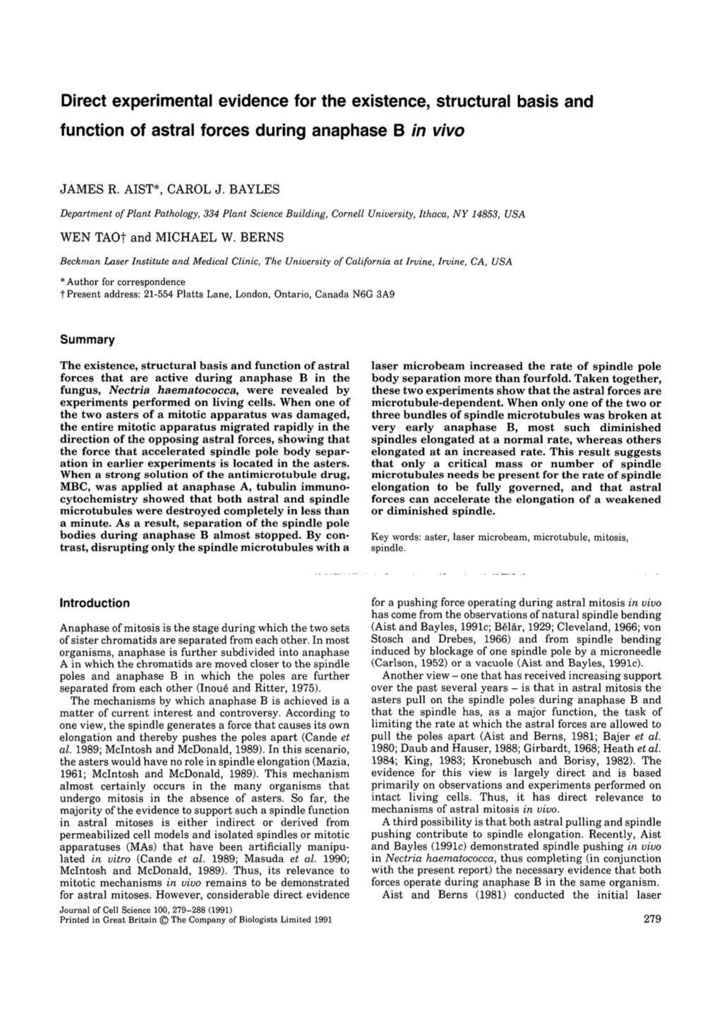 Direct Experimental Evidence for the Existence, Structural Basis and Function of Astral Forces During Anaphase B in Vivo