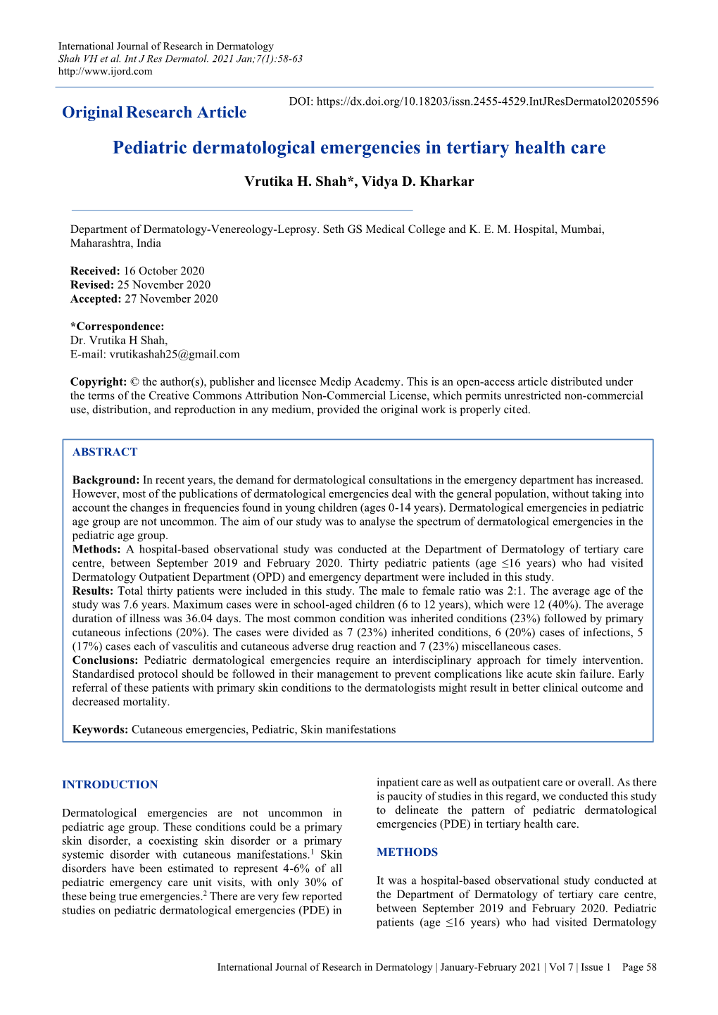 Pediatric Dermatological Emergencies in Tertiary Health Care