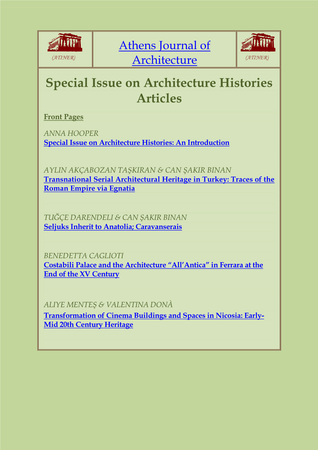 Special Issue on Architecture Histories Articles