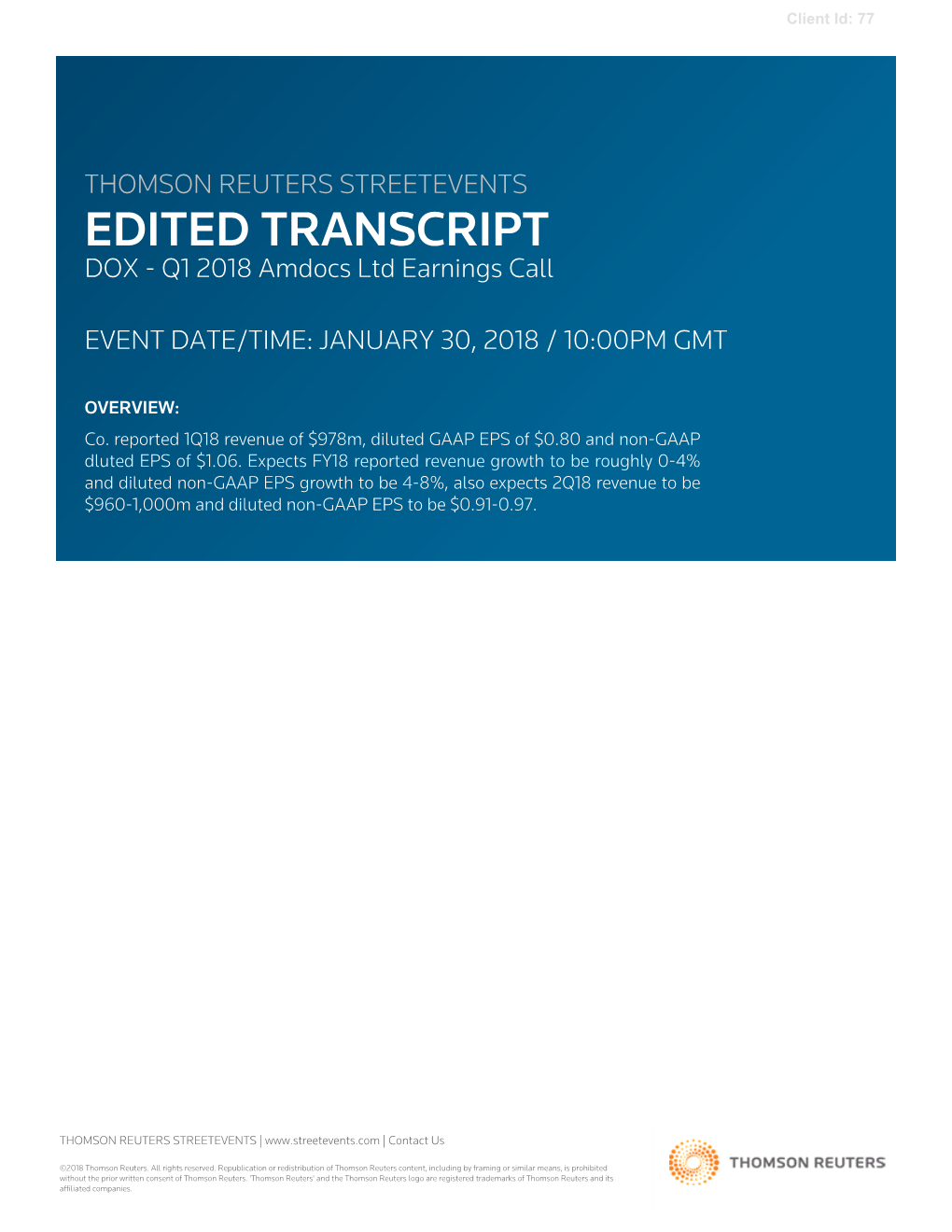 Q1 2018 Earnings Call Transcript