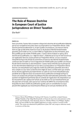The Rule of Reason Doctrine in European Court of Justice Jurisprudence on Direct Taxation
