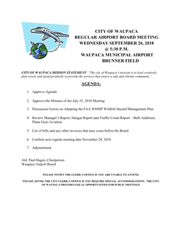 City of Waupaca Regular Airport Board Meeting Wednesday September 26, 2018 @ 5:30 P.M