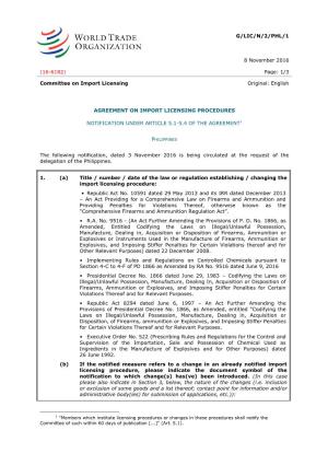 G/LIC/N/2/PHL/1 8 November 2016 (16-6182) Page: 1/3 Committee on Import Licensing Original