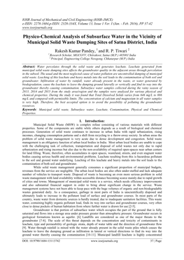 Physico-Chemical Analysis of Subsurface Water in the Vicinity of Municipal Solid Waste Dumping Sites of Satna District, India