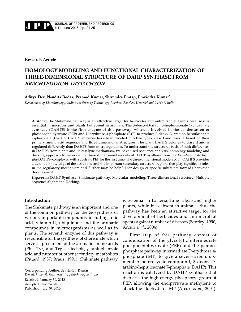 Homology Modeling and Functional Characterization of Three-Dimensional Structure of Dahp Synthase from Brachypodium Distachyon