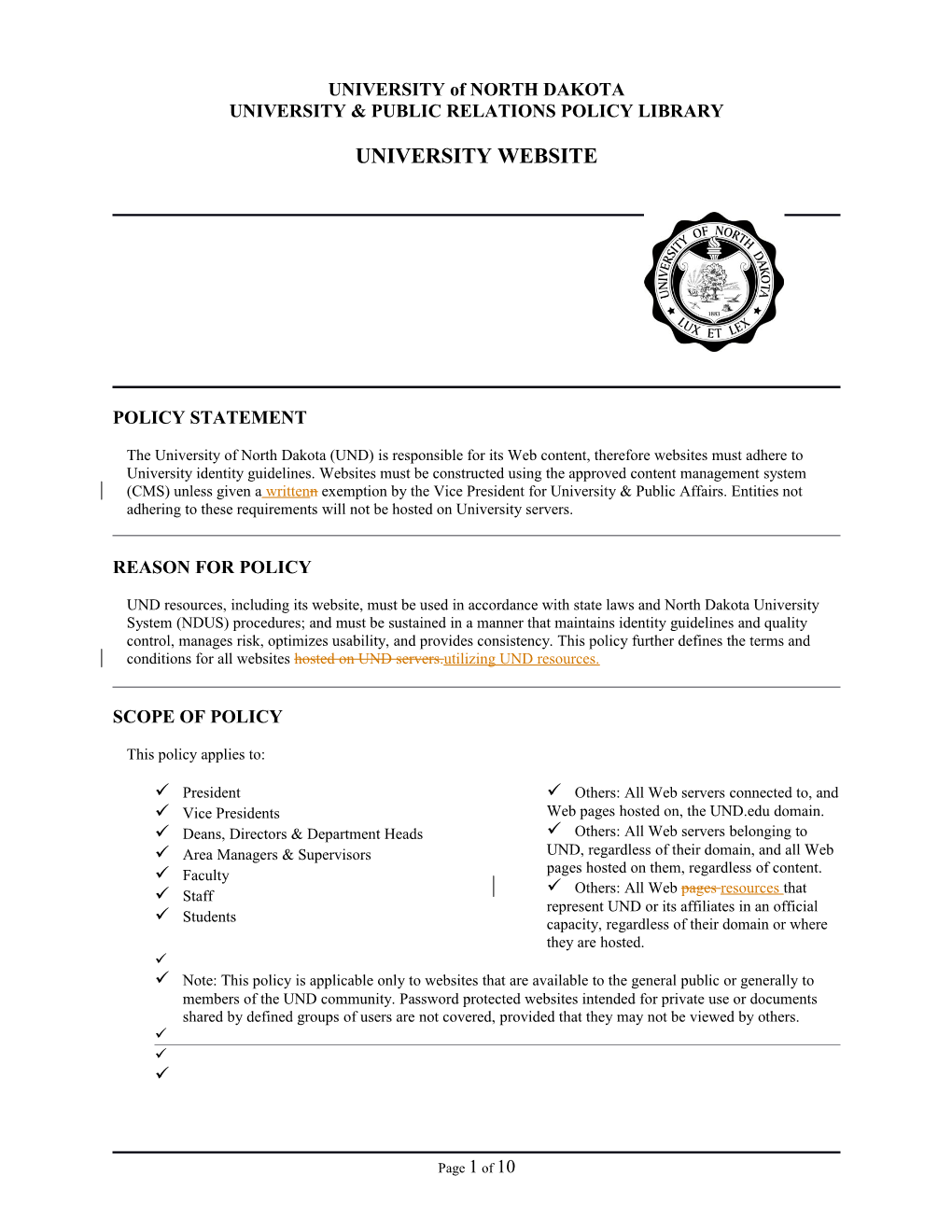 UND Finance & Operations Policy Library Web Policy