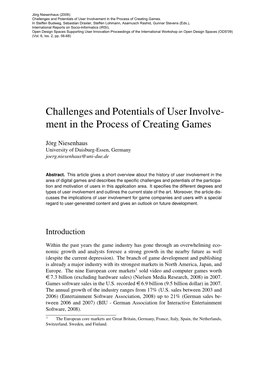 Challenges and Potentials of User Involve- Ment in the Process of Creating Games