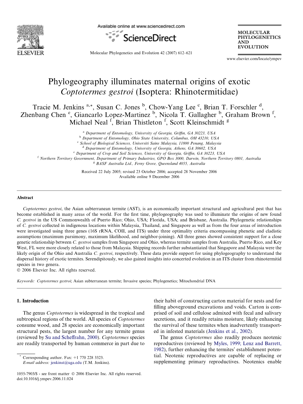 Phylogeography Illuminates Maternal Origins of Exotic Coptotermes Gestroi (Isoptera: Rhinotermitidae)