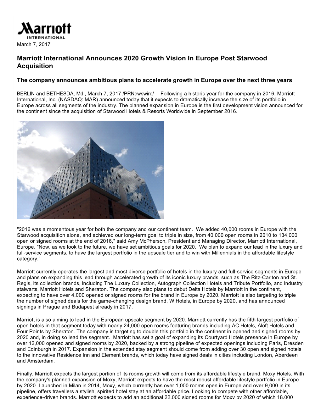 Marriott International Announces 2020 Growth Vision in Europe Post Starwood Acquisition
