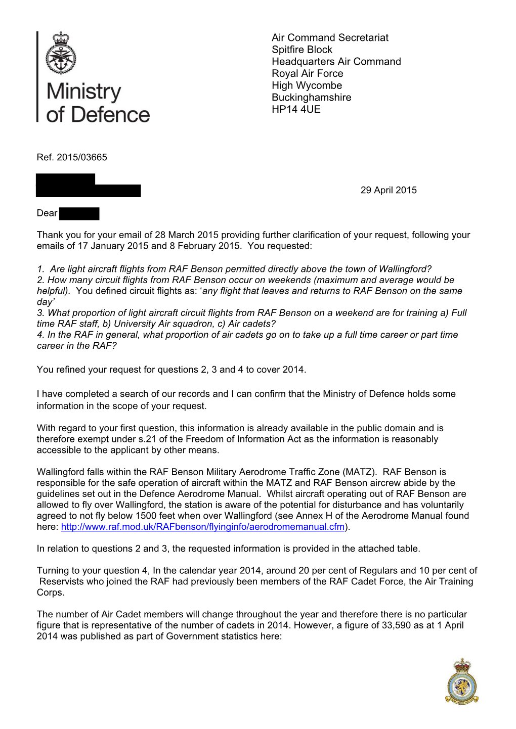 Light Aircraft Flights from RAF Benson and Percentage of Air Cadets Taking