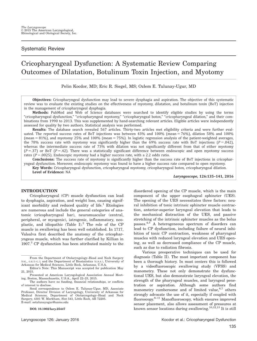 Cricopharyngeal Dysfunction: a Systematic Review Comparing Outcomes of Dilatation, Botulinum Toxin Injection, and Myotomy