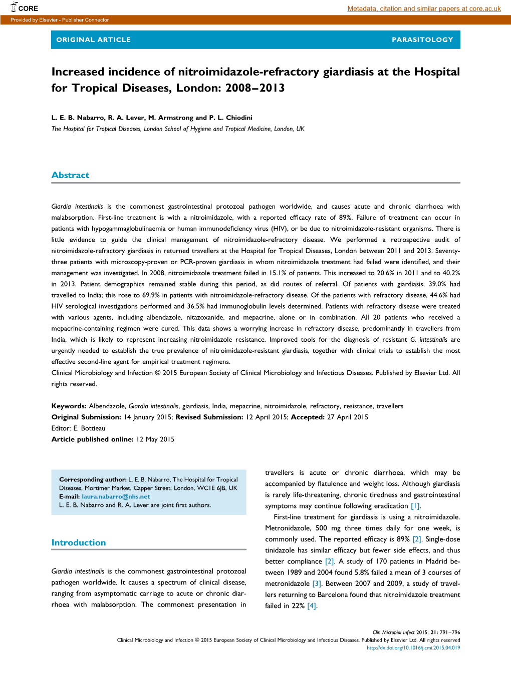 Increased Incidence of Nitroimidazole-Refractory Giardiasis at the Hospital for Tropical Diseases, London: 2008–2013