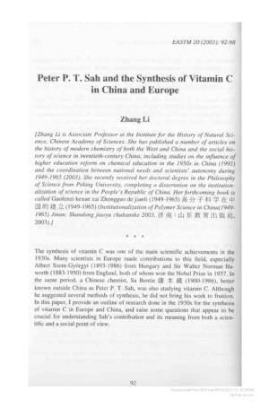 Peter P. T. Sah and the Synthesis of Vitamin C in China and Europe