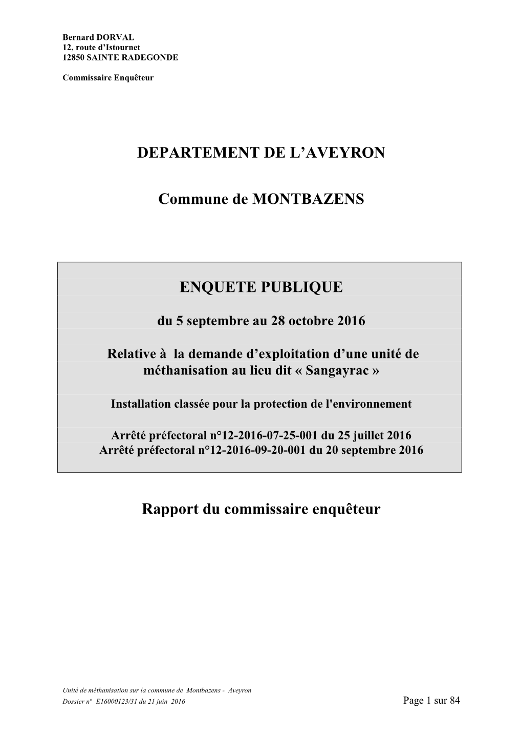 DEPARTEMENT DE L'aveyron Commune De MONTBAZENS