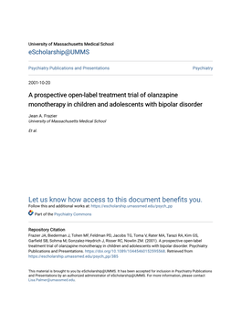 A Prospective Open-Label Treatment Trial of Olanzapine Monotherapy in Children and Adolescents with Bipolar Disorder