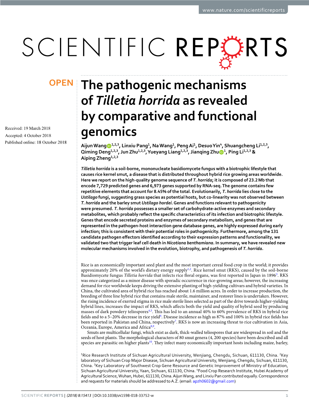 The Pathogenic Mechanisms of Tilletia Horridaas Revealed by Comparative