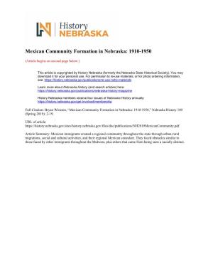 Mexican Community Formation in Nebraska: 1910-1950