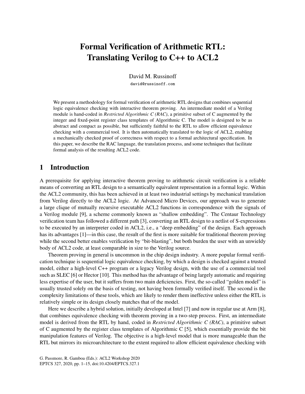 Formal Verification of Arithmetic RTL: Translating Verilog to C++ to ACL2