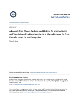 A Look at Coco Chanel, Fashion, and History: an Introduction to and Translation of La Construcción De La Marca Personal De Coco Chanel a Través De Sus Fotografías