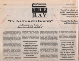 "The Idea of a Yeshiva University" Though the Rav Has and His Philosop an Excerpt from a Drasha of Rabbi Joseph B