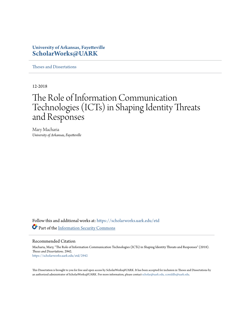 (Icts) in Shaping Identity Threats and Responses Mary Macharia University of Arkansas, Fayetteville