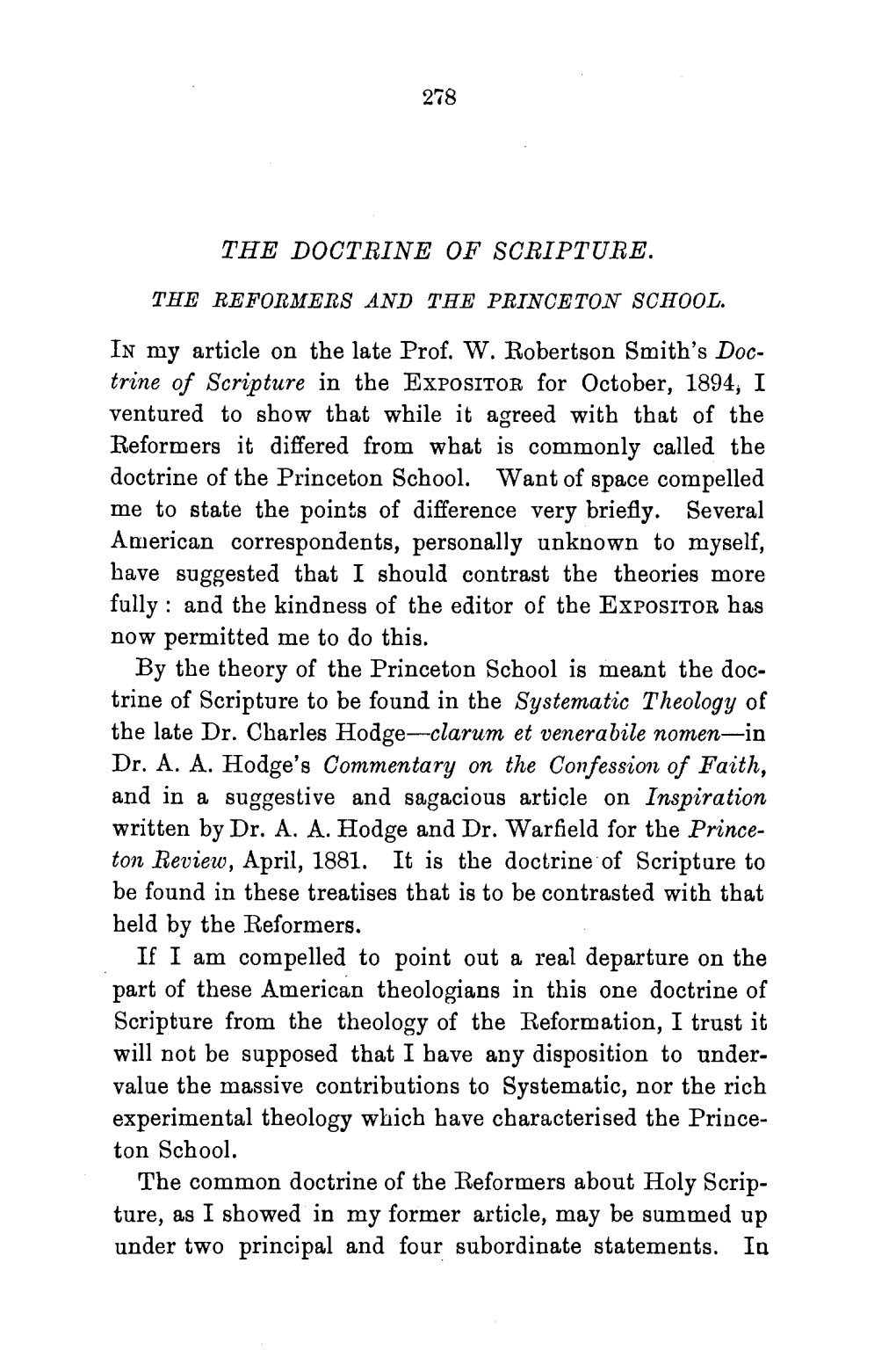 THE DOCTRINE of SCRIPTURE. the Late Dr. Charles Hodge-Clarum Et