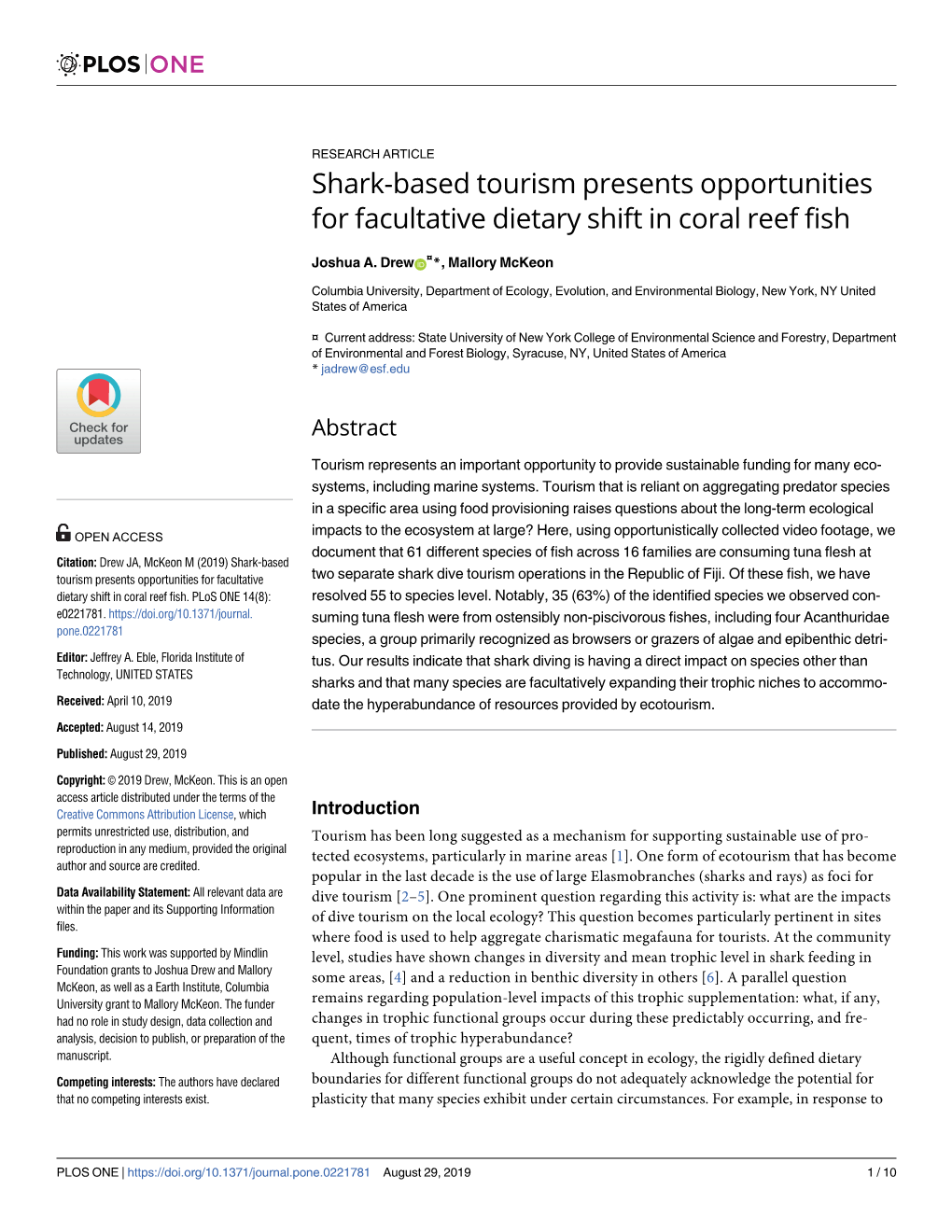 Shark-Based Tourism Presents Opportunities for Facultative Dietary Shift in Coral Reef Fish