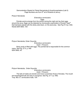 Demonstration Sheets for Filarial Nematodes & Acanthocephalans