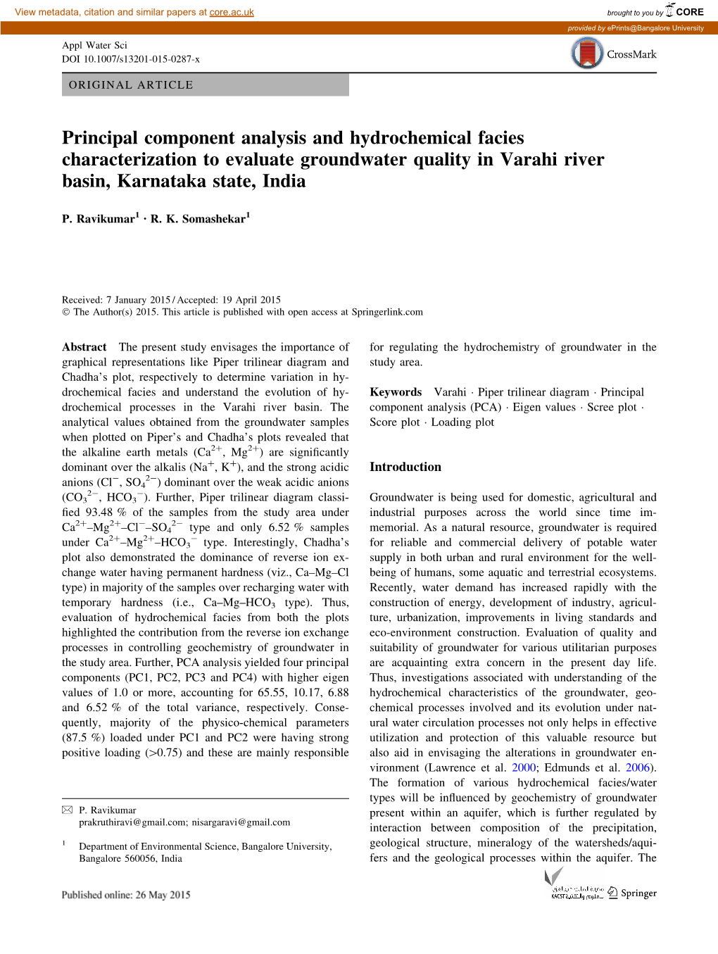 Component Analysis and Hydrochemical Facies Characterization to Evaluate Groundwater Quality in Varahi River Basin, Karnataka State, India