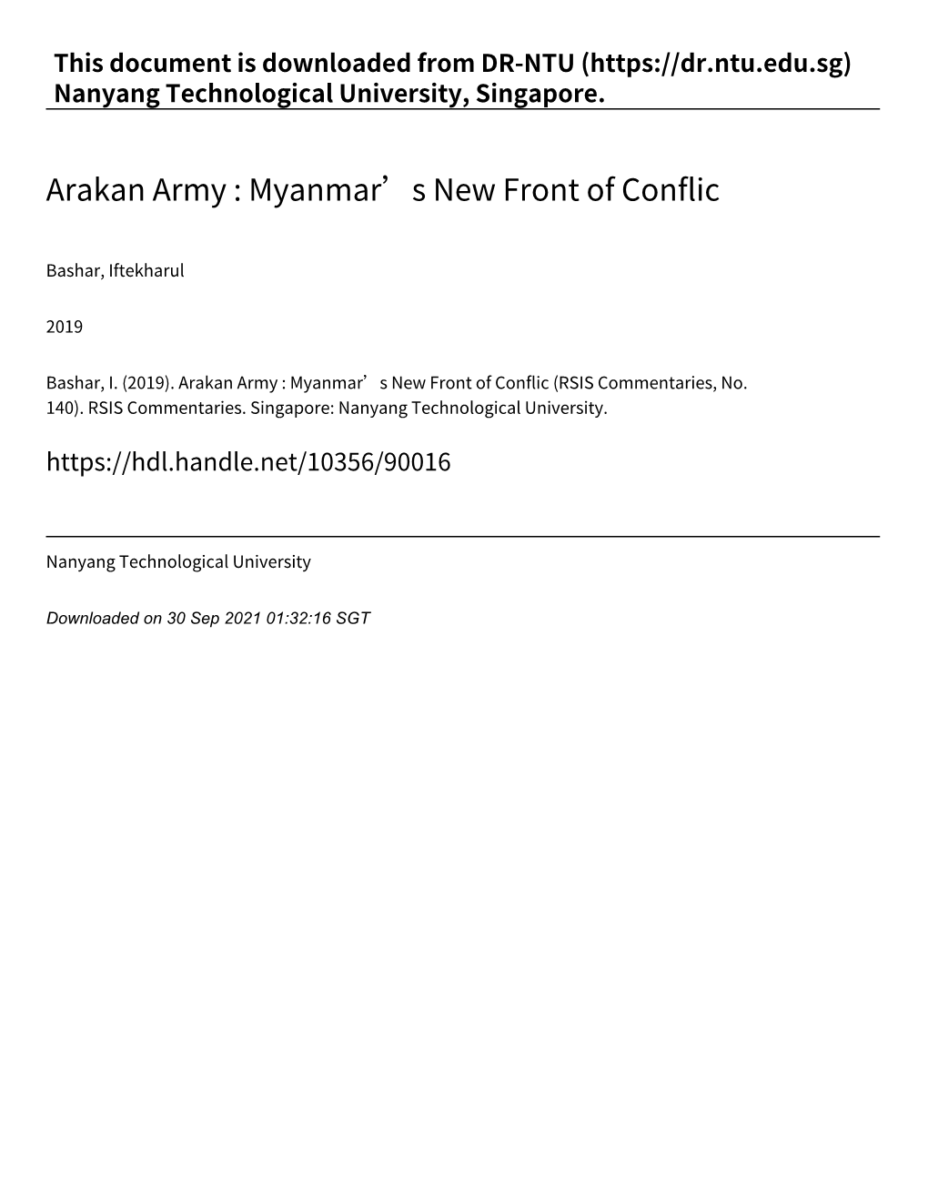 Arakan Army : Myanmar’S New Front of Conflic