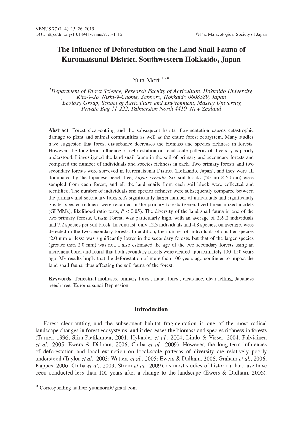 The Influence of Deforestation on the Land Snail Fauna of Kuromatsunai District, Southwestern Hokkaido, Japan